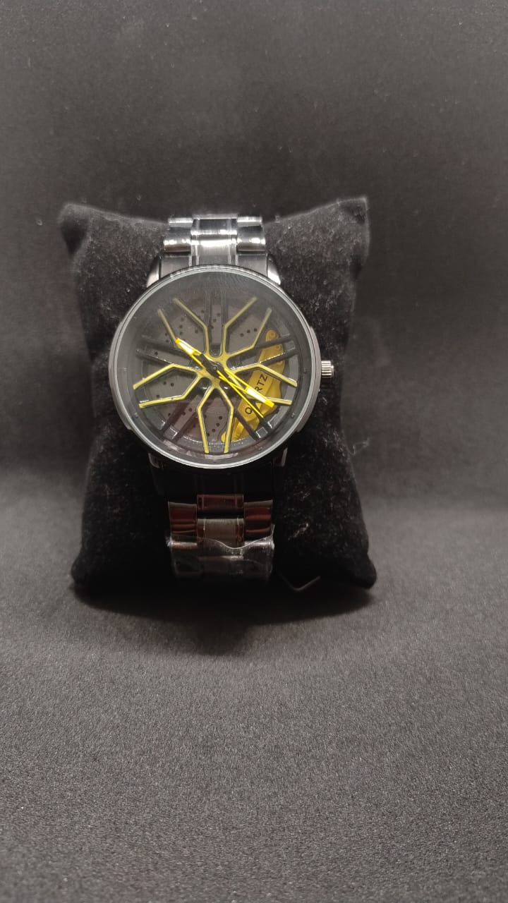 Yellow Gyro Spinning Alloy Wheel Watch