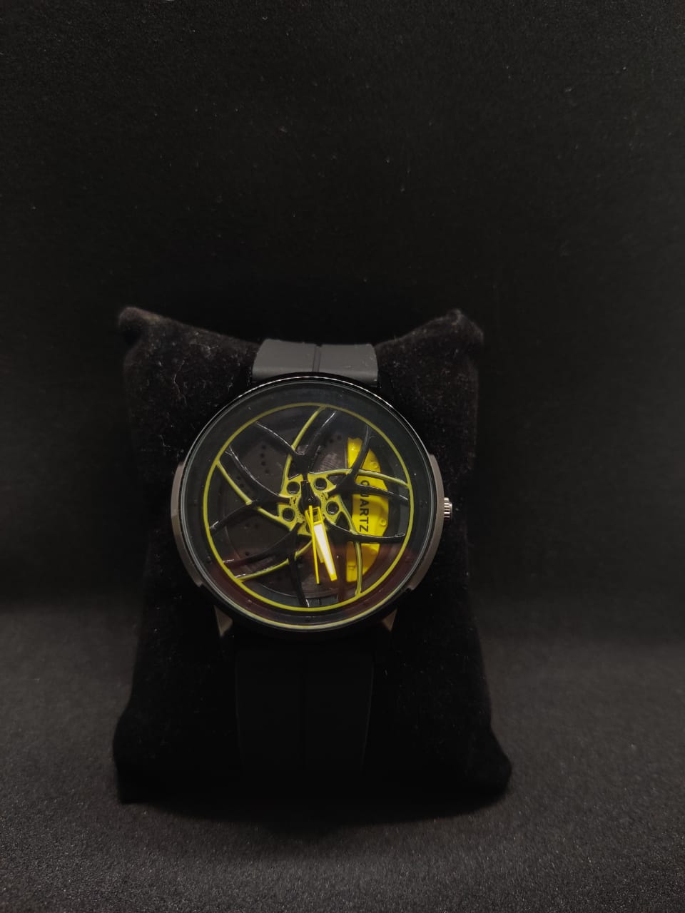 Yellow Alloy wheel gyro spinning watch