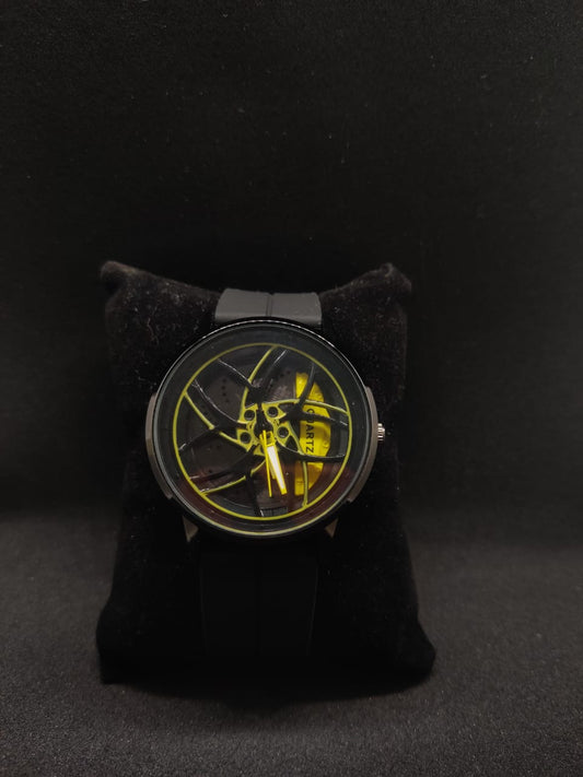 Yellow Alloy wheel gyro spinning watch