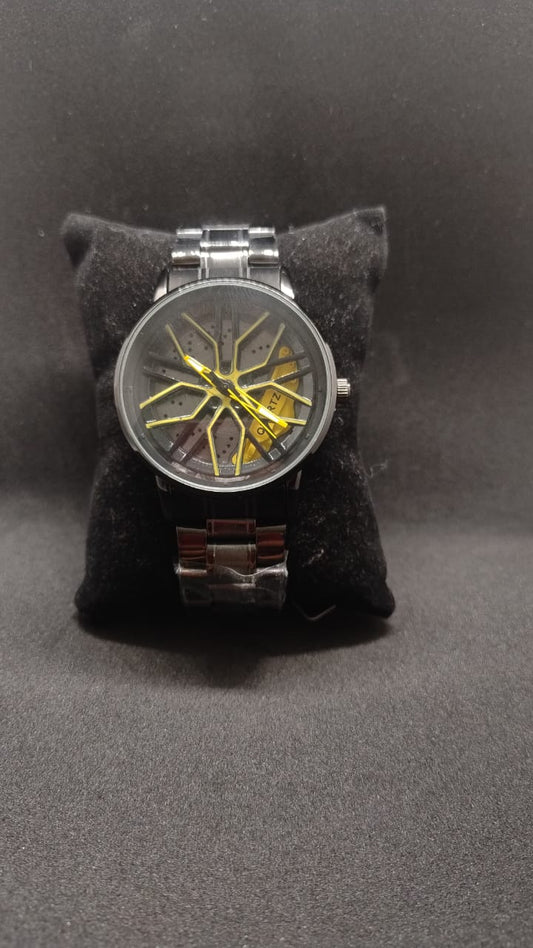 Yellow Gyro Spinning Alloy Wheel Watch